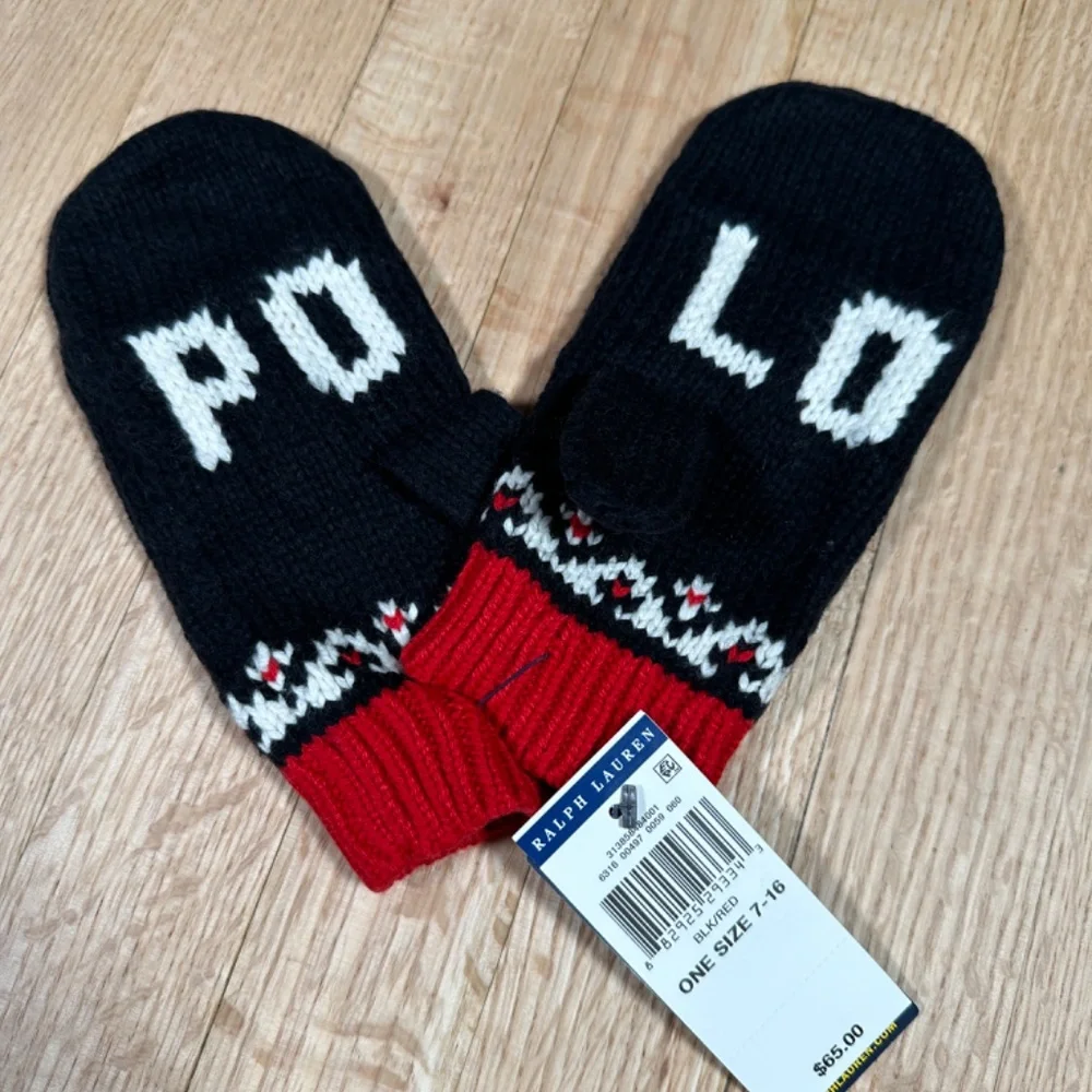 Polo Ralph Lauren Mittens Black Red One Size 7-16 Brand New With Tags